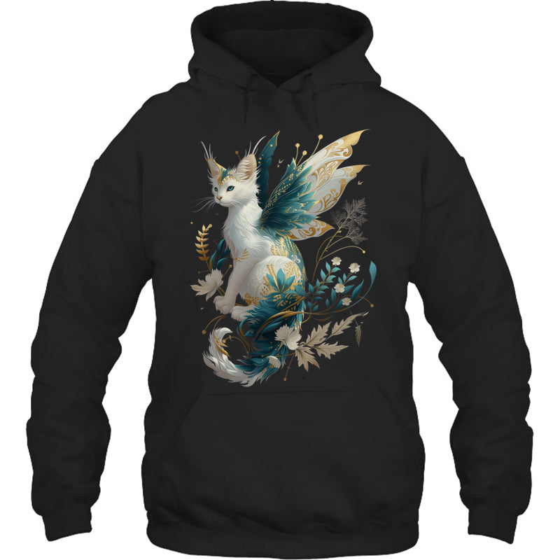 BlackHoodieMajesticCatDragonFairyWhiteAndTealWithGoldAccentsGiftForDragonLovers