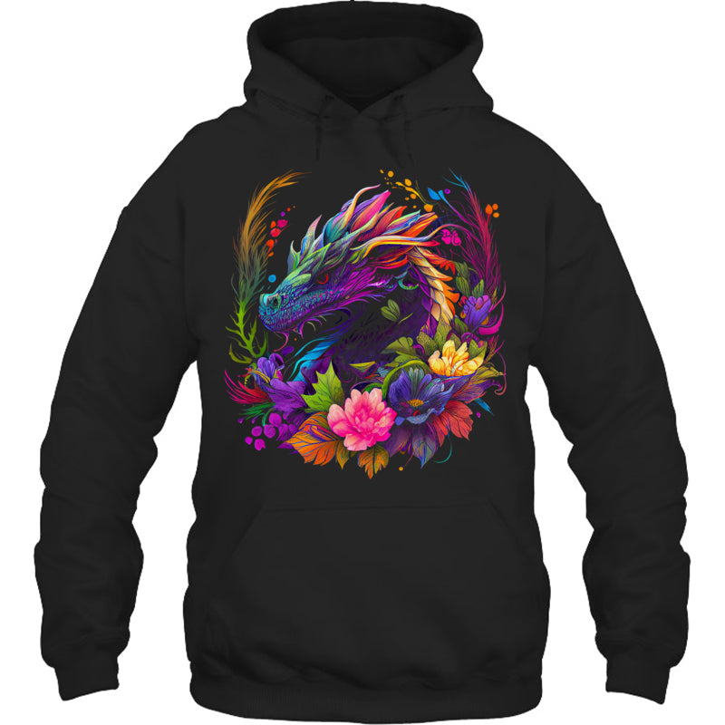 BlackHoodieWatercolorDragonFlowersBeautifulArtColorfulGraphicGiftForDragonLovers