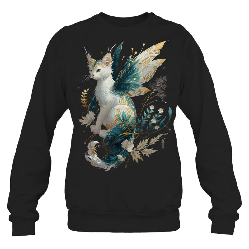 BlackSweatshirtMajesticCatDragonFairyWhiteAndTealWithGoldAccentsGiftForDragonLovers
