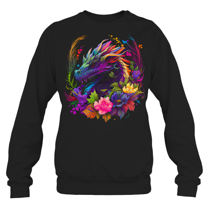 BlackSweatshirtWatercolorDragonFlowersBeautifulArtColorfulGraphicGiftForDragonLovers
