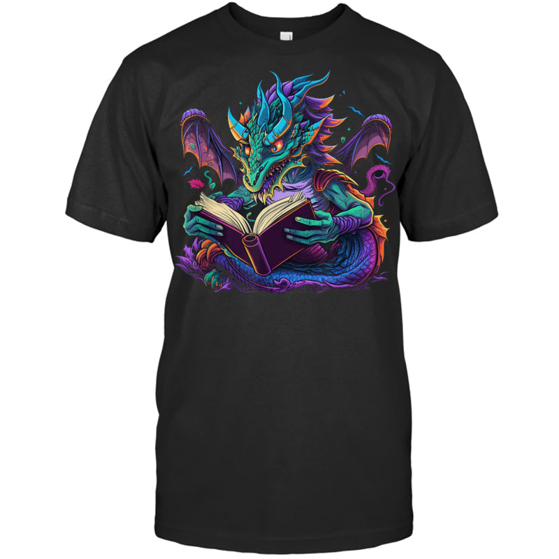 BlackTshirtDragonReadingBookGiftForDragonLovers