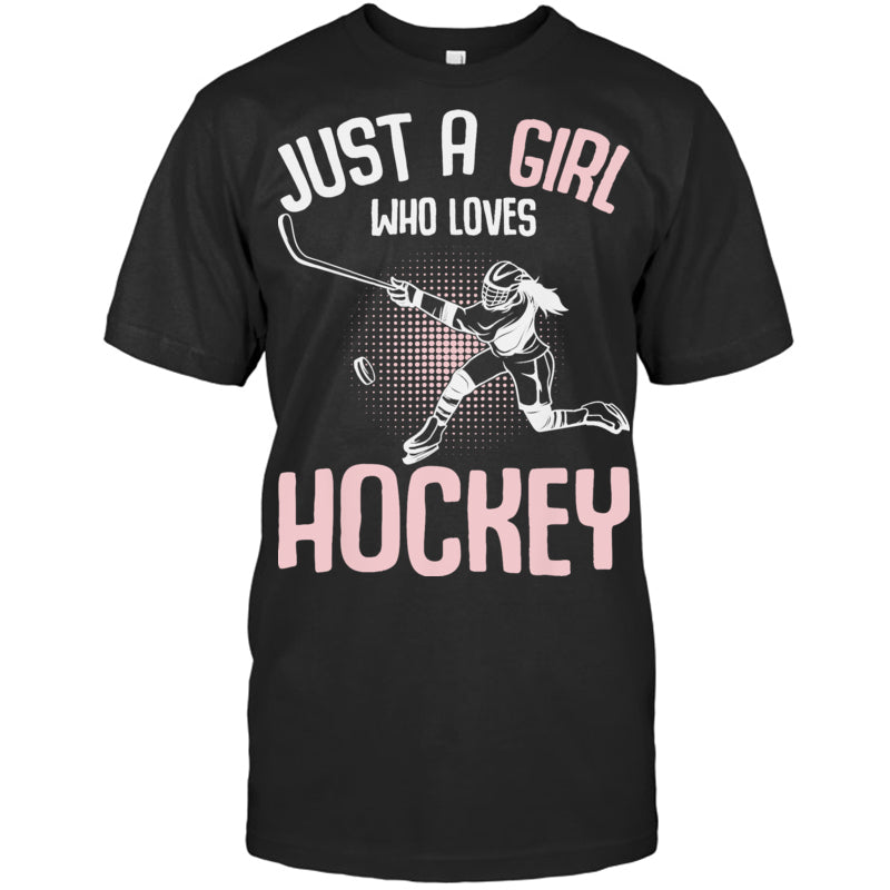 BlackTshirtJustAGirlWhoLovesHockeyYouthKidsGirlsGiftForIceHockeyFanIceHockeyPlayer