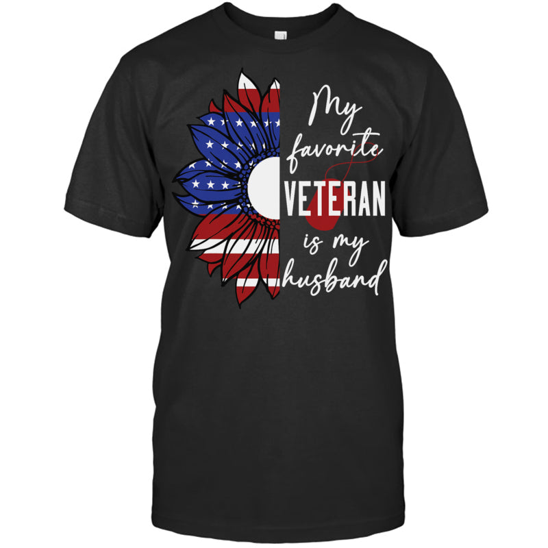 BlackTshirtMyFavoriteVeteranIsMyHusbandSunflowerAmericanFlagGiftForVeteran