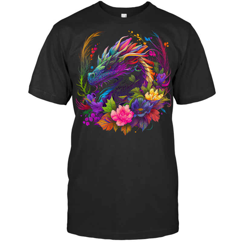 BlackTshirtWatercolorDragonFlowersBeautifulArtColorfulGraphicGiftForDragonLovers