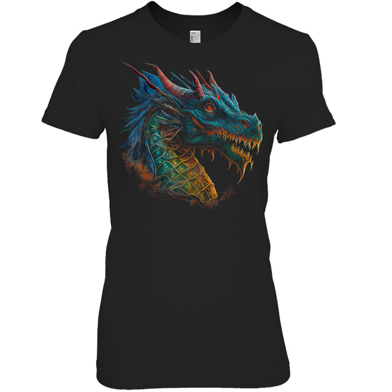 BlackWomanTshirtBeautifulBlueRedDragonLoverFantasyArtSharpGiftForDragonLovers