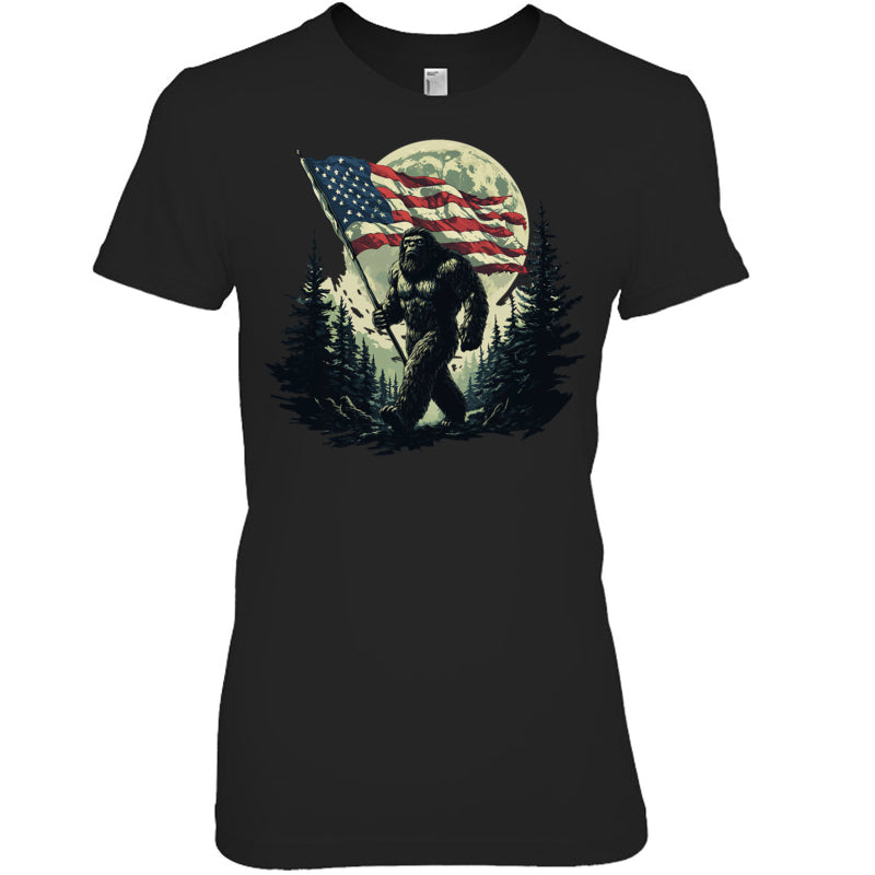 BlackWomanTshirtBigFootBigfootSasquatchAmericanFlagPatriotic4thJulyGiftForVeteran