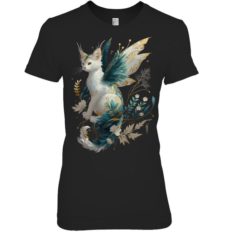 BlackWomanTshirtMajesticCatDragonFairyWhiteAndTealWithGoldAccentsGiftForDragonLovers