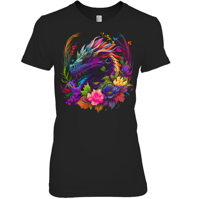 BlackWomanTshirtWatercolorDragonFlowersBeautifulArtColorfulGraphicGiftForDragonLovers
