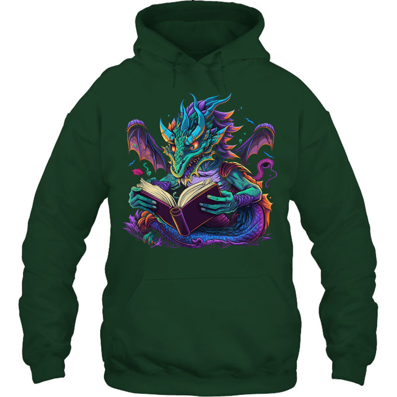 ForestGreenHoodieDragonReadingBookGiftForDragonLovers