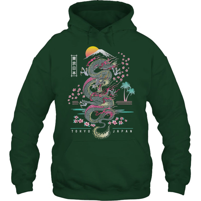 ForestGreenHoodieJapaneseTokyoDragonAsianInspiredRetro80sStyleGiftForDragonLovers