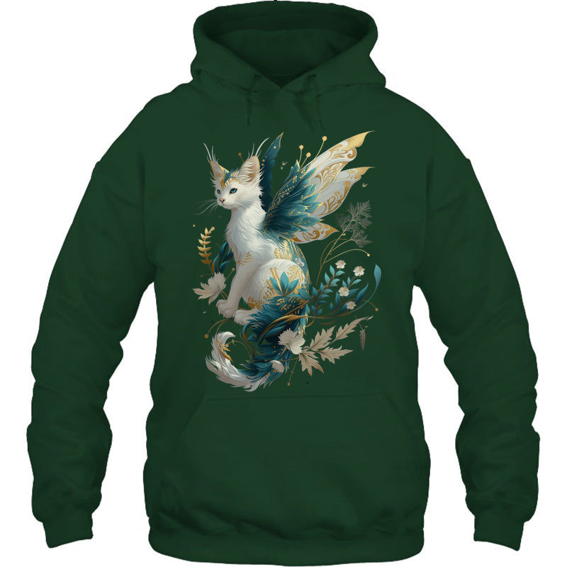 ForestGreenHoodieMajesticCatDragonFairyWhiteAndTealWithGoldAccentsGiftForDragonLovers