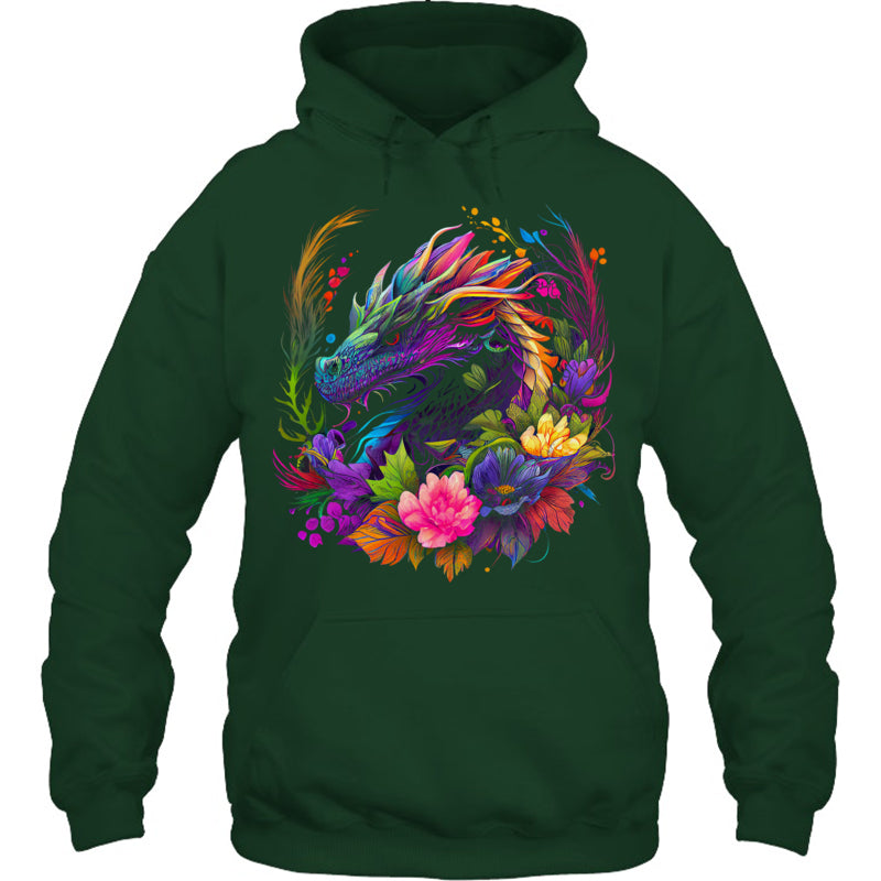 ForestGreenHoodieWatercolorDragonFlowersBeautifulArtColorfulGraphicGiftForDragonLovers