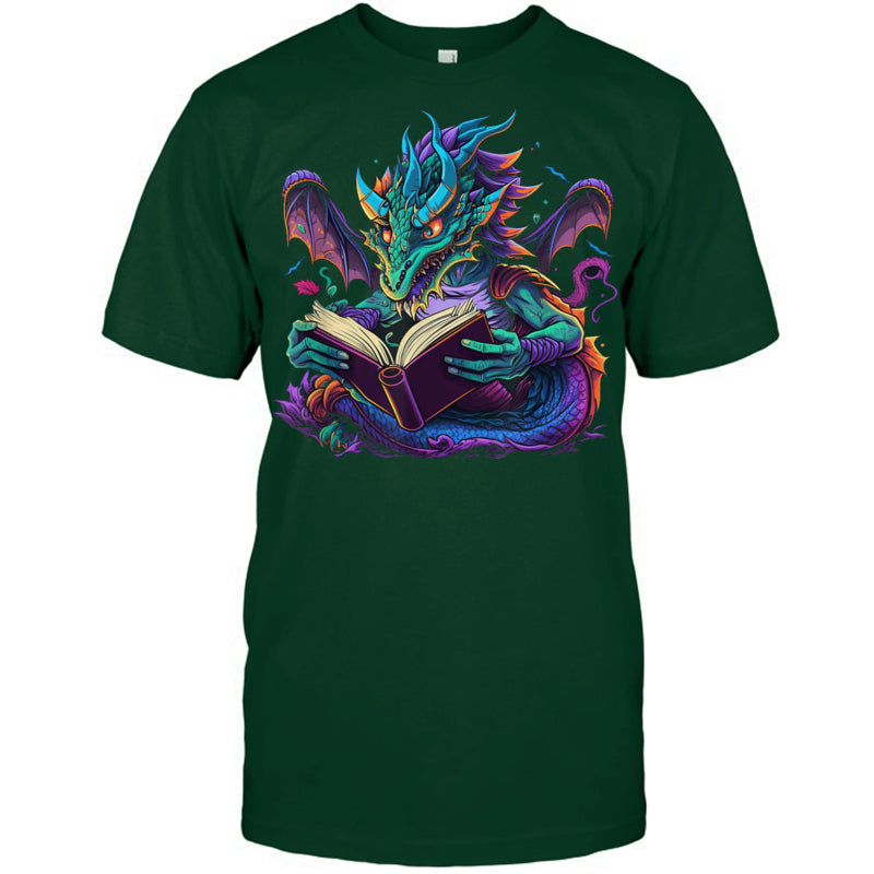 ForestGreenTshirtDragonReadingBookGiftForDragonLovers