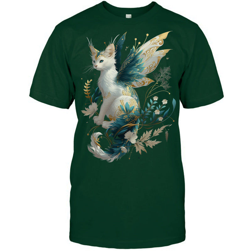 ForestGreenTshirtMajesticCatDragonFairyWhiteAndTealWithGoldAccentsGiftForDragonLovers