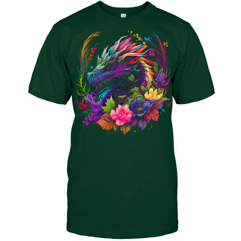 ForestGreenTshirtWatercolorDragonFlowersBeautifulArtColorfulGraphicGiftForDragonLovers