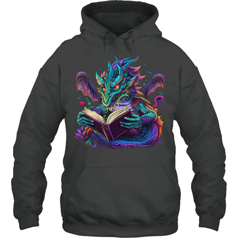 HeatherDarkGreyHoodieDragonReadingBookGiftForDragonLovers