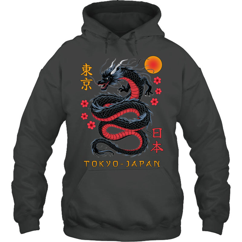 HeatherDarkGreyHoodieJapaneseDragonTokyoJapan80sAsianMythicalAnimeTattooGiftForDragonLovers