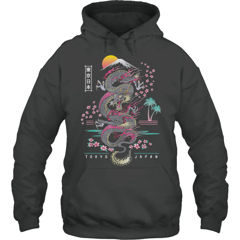HeatherDarkGreyHoodieJapaneseTokyoDragonAsianInspiredRetro80sStyleGiftForDragonLovers