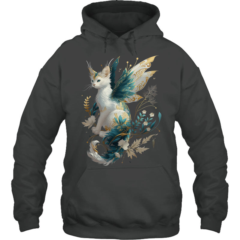 HeatherDarkGreyHoodieMajesticCatDragonFairyWhiteAndTealWithGoldAccentsGiftForDragonLovers