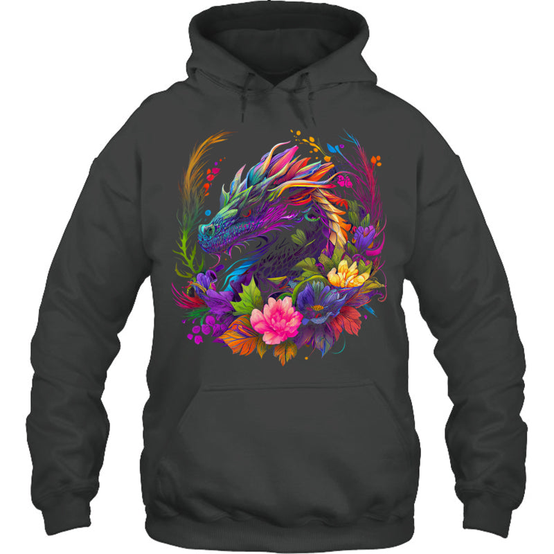 HeatherDarkGreyHoodieWatercolorDragonFlowersBeautifulArtColorfulGraphicGiftForDragonLovers