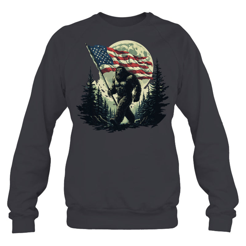HeatherDarkGreySweatshirtBigFootBigfootSasquatchAmericanFlagPatriotic4thJulyGiftForVeteran
