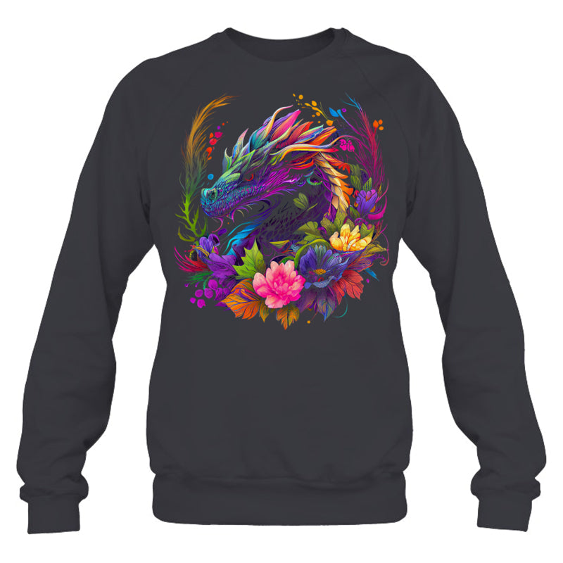 HeatherDarkGreySweatshirtWatercolorDragonFlowersBeautifulArtColorfulGraphicGiftForDragonLovers