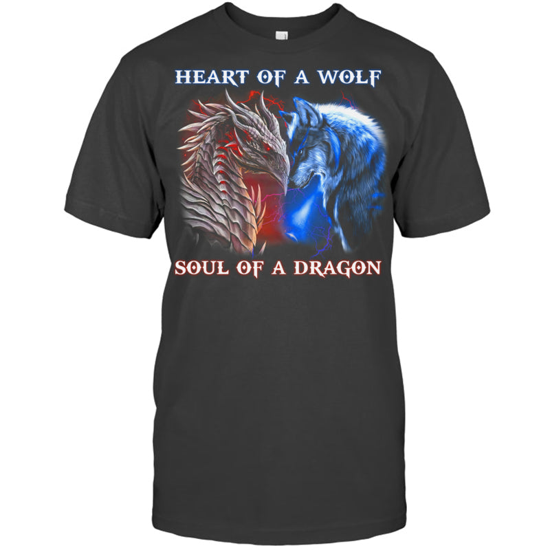 HeatherDarkGreyTshirtHeartOfWolfSoulOfADragonCoolDragonWolfWarriorGiftForDragonLovers
