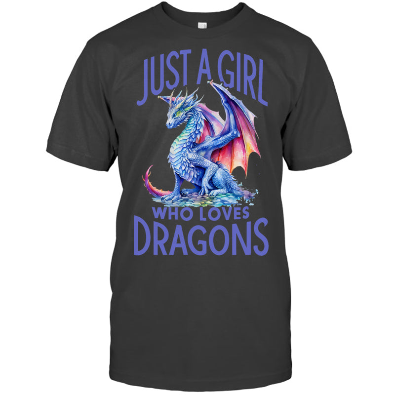 HeatherDarkGreyTshirtJustAGirlWhoLovesDragonsWomenGirlBlueDragonGiftForDragonLovers