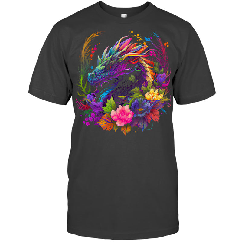 HeatherDarkGreyTshirtWatercolorDragonFlowersBeautifulArtColorfulGraphicGiftForDragonLovers