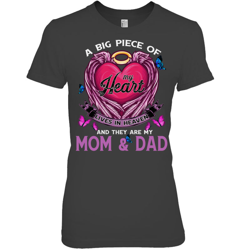 HeatherDarkGreyWomanTshirtABigPieceOfMyHeartLivesInHeavenTheyAreMomAndDadHeaven