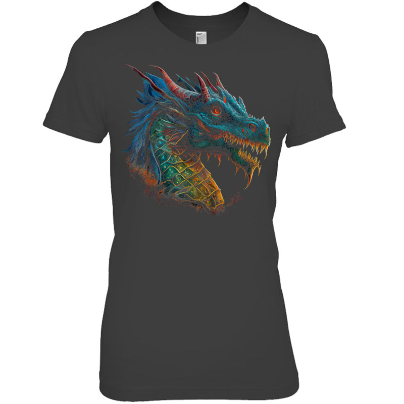 HeatherDarkGreyWomanTshirtBeautifulBlueRedDragonLoverFantasyArtSharpGiftForDragonLovers