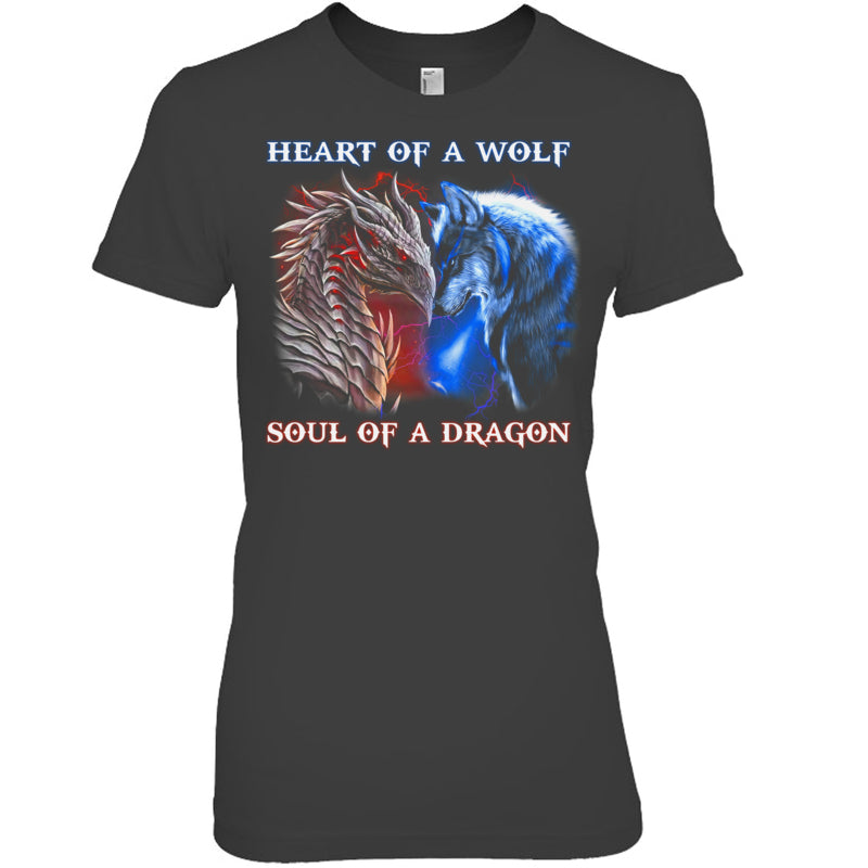 HeatherDarkGreyWomanTshirtHeartOfWolfSoulOfADragonCoolDragonWolfWarriorGiftForDragonLovers