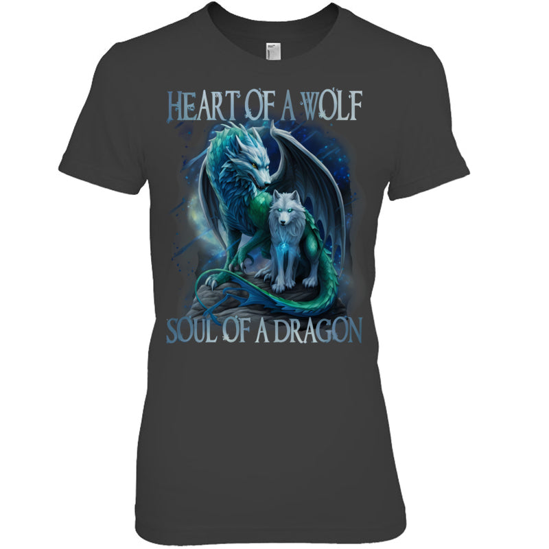 HeatherDarkGreyWomanTshirtHeartOfWolfSoulOfADragonDragonWolfWarriorWolfGiftForDragonLovers