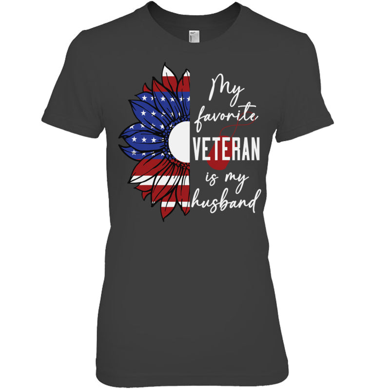 HeatherDarkGreyWomanTshirtMyFavoriteVeteranIsMyHusbandSunflowerAmericanFlagGiftForVeteran