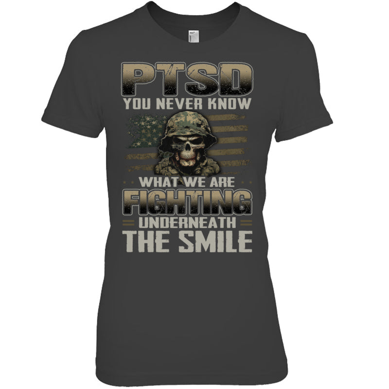 HeatherDarkGreyWomanTshirtPTSDYouNeverKnowWhatWeAreFightingGiftForVeteran