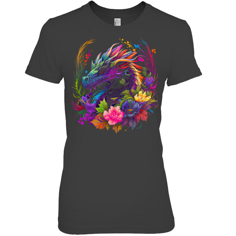 HeatherDarkGreyWomanTshirtWatercolorDragonFlowersBeautifulArtColorfulGraphicGiftForDragonLovers