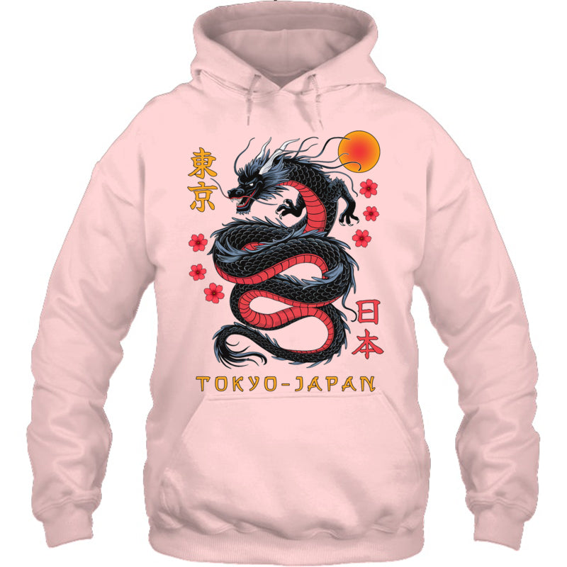 LightPinkHoodieJapaneseDragonTokyoJapan80sAsianMythicalAnimeTattooGiftForDragonLovers