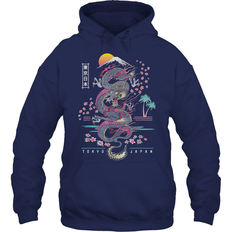 NavyHoodieJapaneseTokyoDragonAsianInspiredRetro80sStyleGiftForDragonLovers