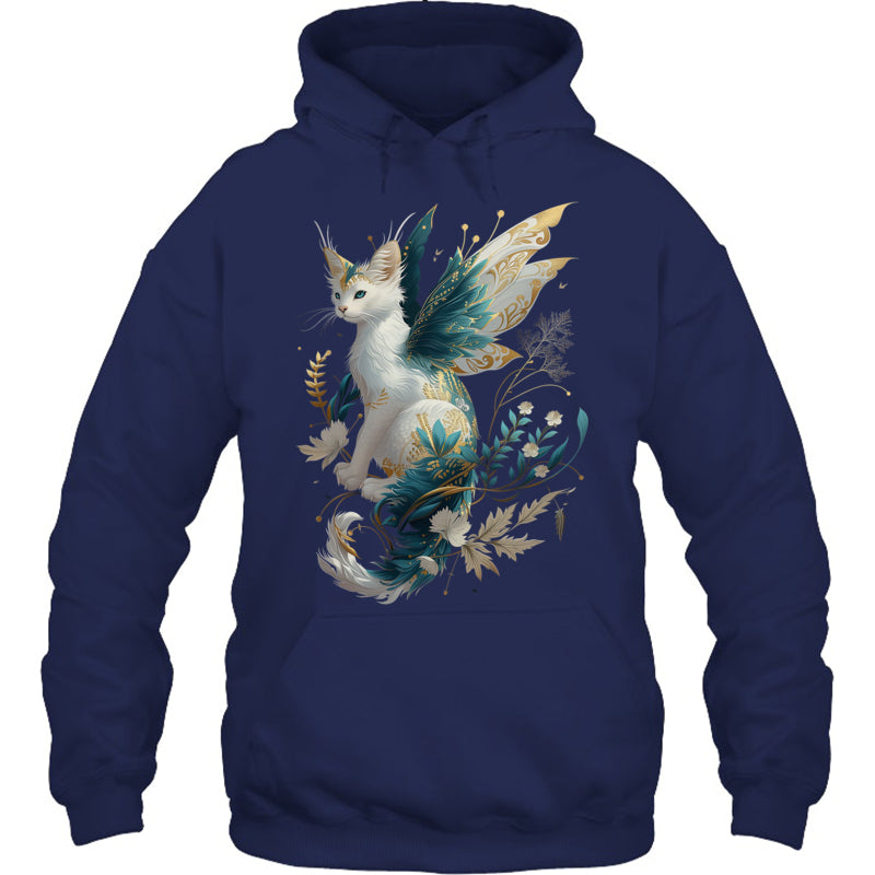 NavyHoodieMajesticCatDragonFairyWhiteAndTealWithGoldAccentsGiftForDragonLovers