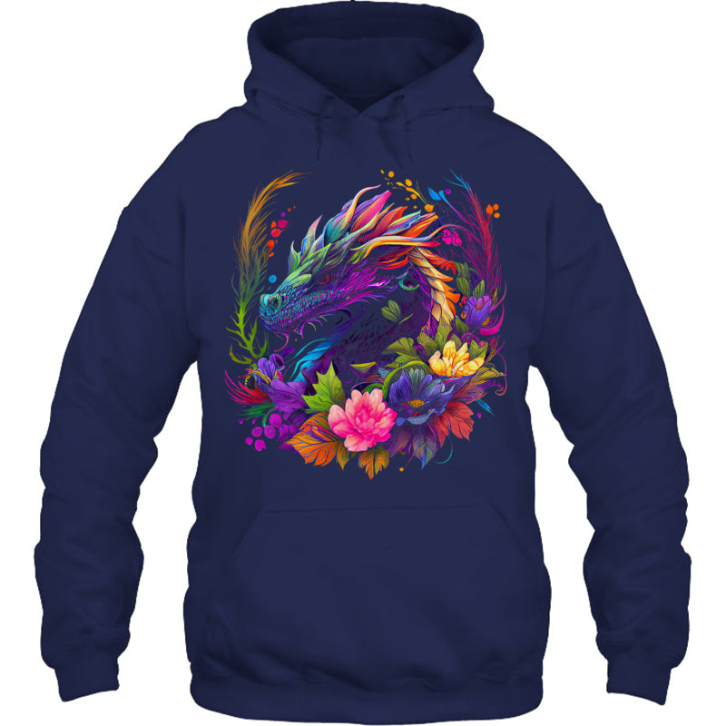 NavyHoodieWatercolorDragonFlowersBeautifulArtColorfulGraphicGiftForDragonLovers