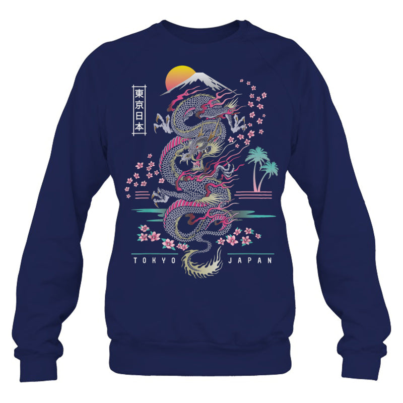 NavySweatshirtJapaneseTokyoDragonAsianInspiredRetro80sStyleGiftForDragonLovers