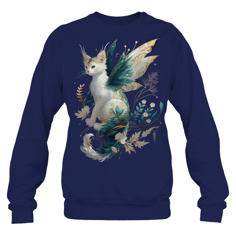 NavySweatshirtMajesticCatDragonFairyWhiteAndTealWithGoldAccentsGiftForDragonLovers