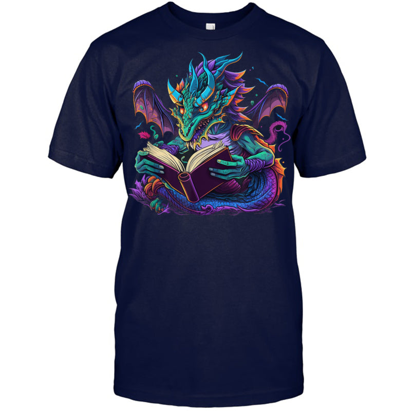 NavyTshirtDragonReadingBookGiftForDragonLovers