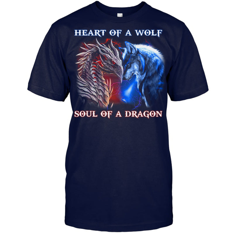 NavyTshirtHeartOfWolfSoulOfADragonCoolDragonWolfWarriorGiftForDragonLovers