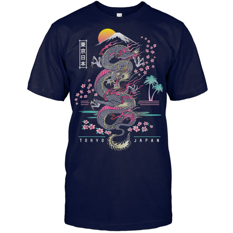 NavyTshirtJapaneseTokyoDragonAsianInspiredRetro80sStyleGiftForDragonLovers