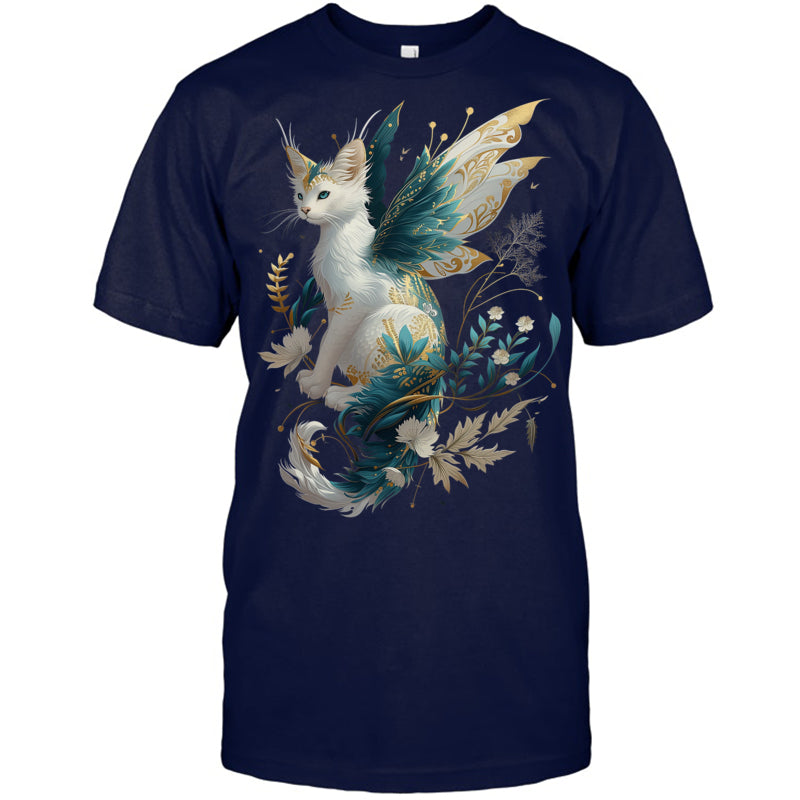 NavyTshirtMajesticCatDragonFairyWhiteAndTealWithGoldAccentsGiftForDragonLovers