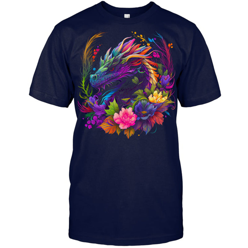 NavyTshirtWatercolorDragonFlowersBeautifulArtColorfulGraphicGiftForDragonLovers