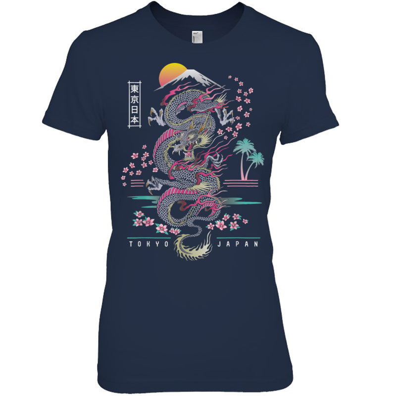 NavyWomanTshirtJapaneseTokyoDragonAsianInspiredRetro80sStyleGiftForDragonLovers