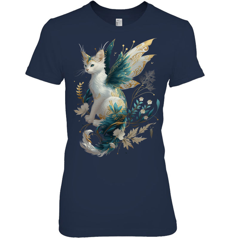 NavyWomanTshirtMajesticCatDragonFairyWhiteAndTealWithGoldAccentsGiftForDragonLovers