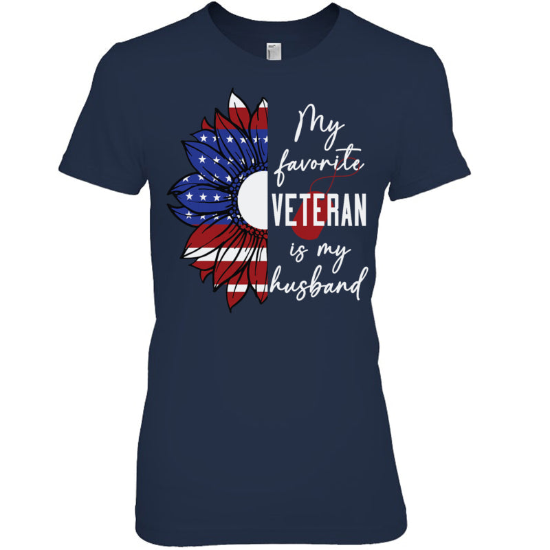 NavyWomanTshirtMyFavoriteVeteranIsMyHusbandSunflowerAmericanFlagGiftForVeteran